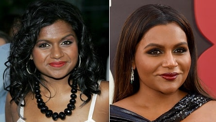 A before and after picture of Mindy Kaling.